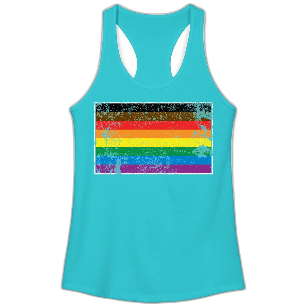 Distressed rainbow pride flag with eight horizontal stripes in black, brown, red, orange, yellow, green, blue, and purple in Solid Tahiti Blue