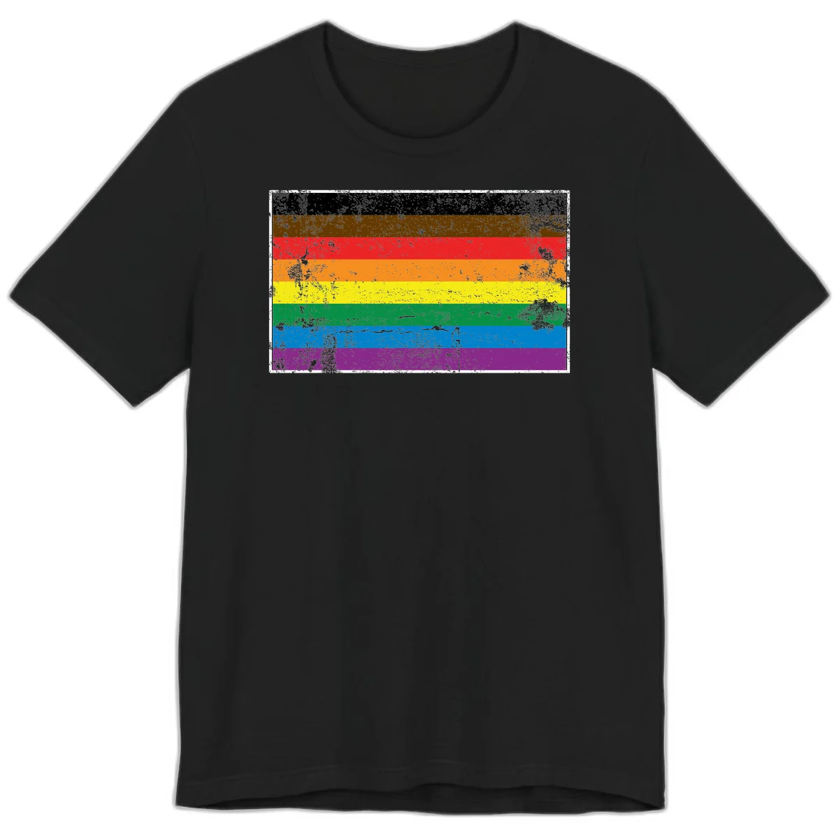 Distressed rainbow pride flag with eight horizontal stripes in black, brown, red, orange, yellow, green, blue, and purple in Black