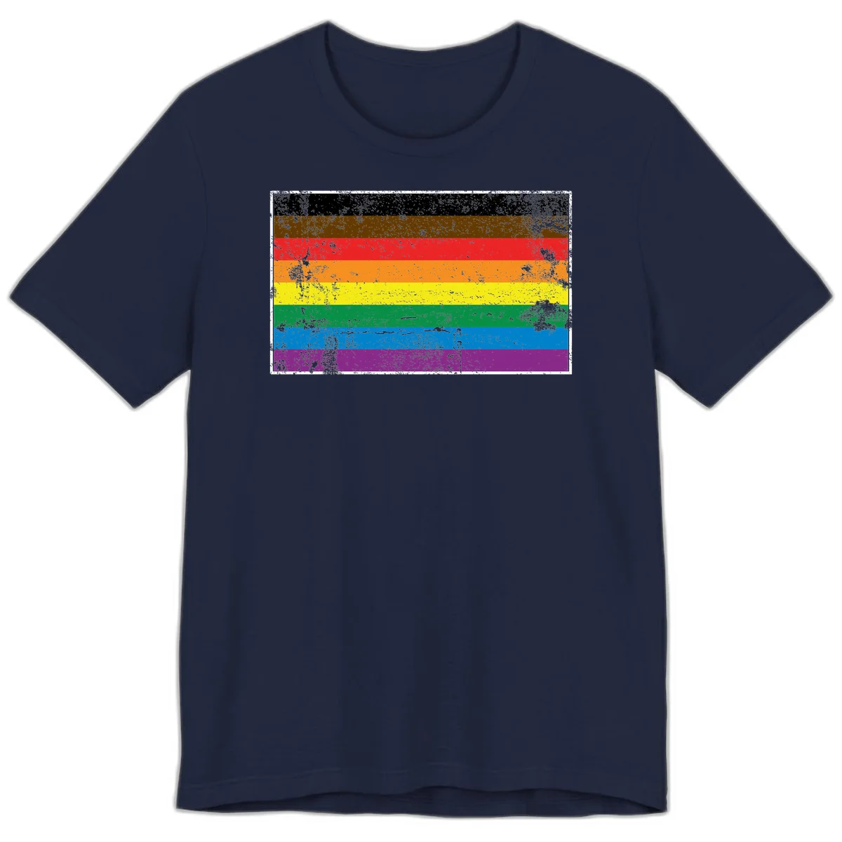 Distressed rainbow pride flag with eight horizontal stripes in black, brown, red, orange, yellow, green, blue, and purple in Navy
