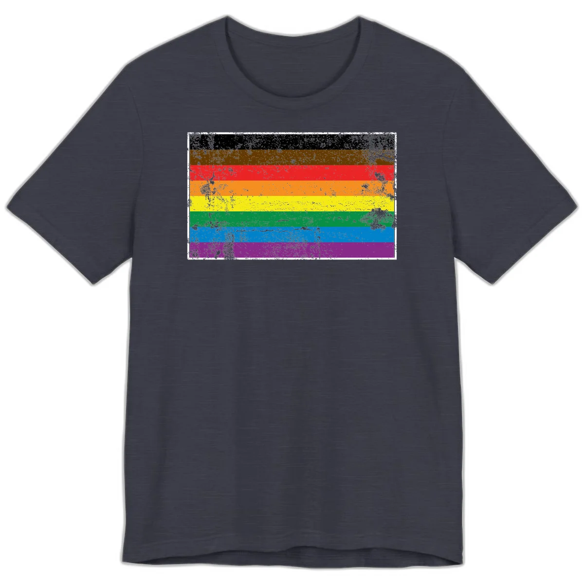 Distressed rainbow pride flag with eight horizontal stripes in black, brown, red, orange, yellow, green, blue, and purple in Heather Midnight Navy
