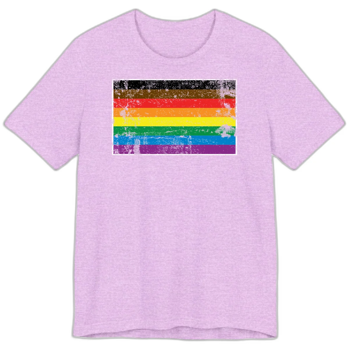 Distressed rainbow pride flag with eight horizontal stripes in black, brown, red, orange, yellow, green, blue, and purple in Heather Prism Lilac