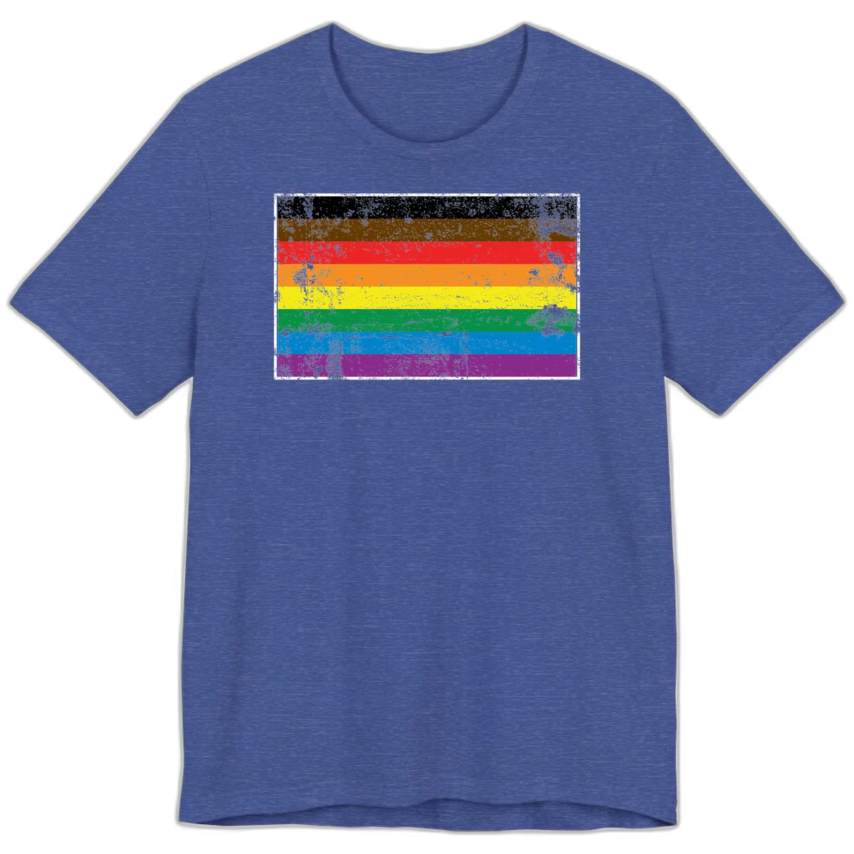 Distressed rainbow pride flag with eight horizontal stripes in black, brown, red, orange, yellow, green, blue, and purple in Heather True Royal