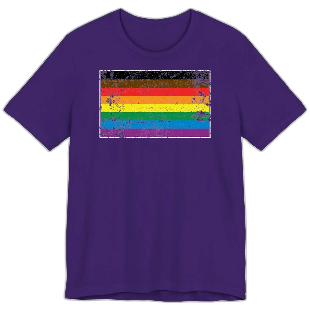 Distressed rainbow pride flag with eight horizontal stripes in black, brown, red, orange, yellow, green, blue, and purple in Team Purple