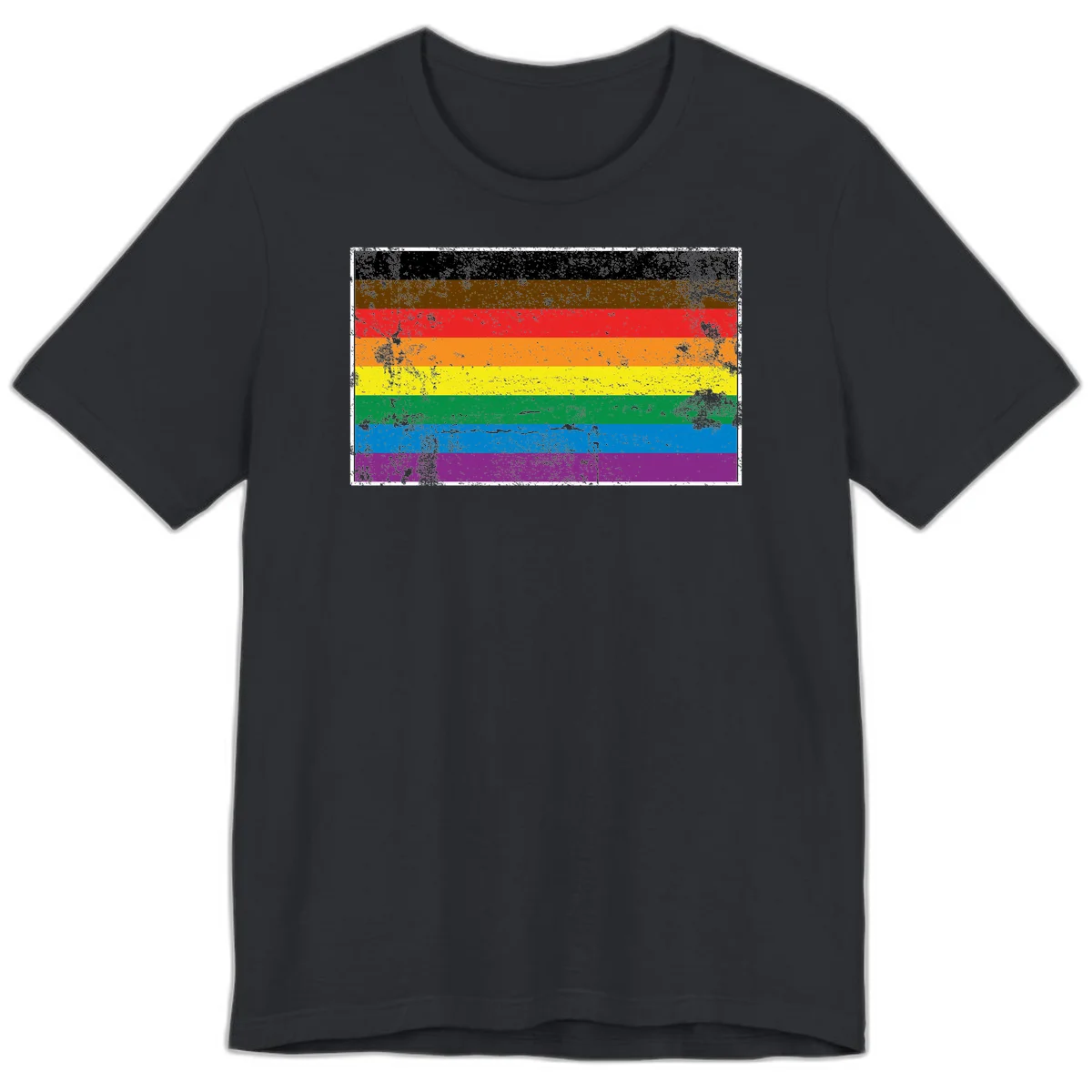 Distressed rainbow pride flag with eight horizontal stripes in black, brown, red, orange, yellow, green, blue, and purple in Vintage Black