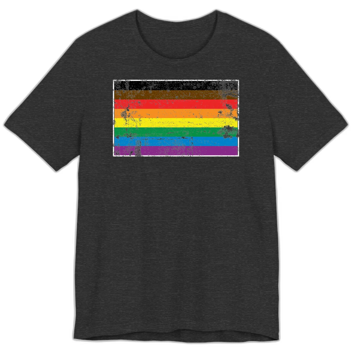 Distressed rainbow pride flag with eight horizontal stripes in black, brown, red, orange, yellow, green, blue, and purple in Dark Grey Heather