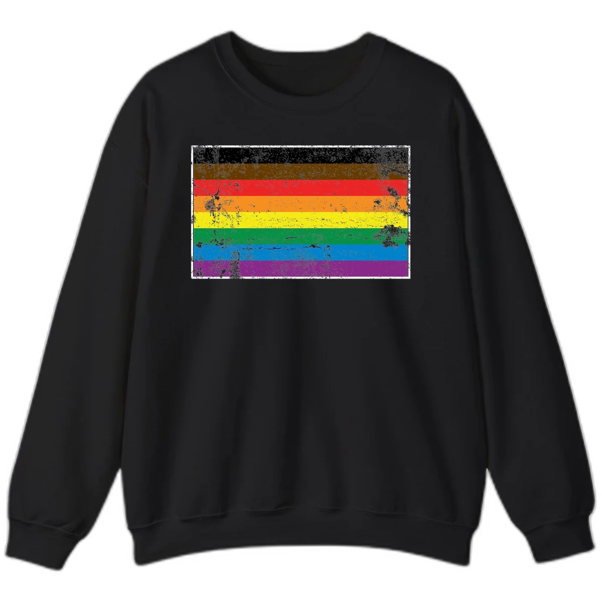 Distressed rainbow pride flag with eight horizontal stripes in black, brown, red, orange, yellow, green, blue, and purple in Black
