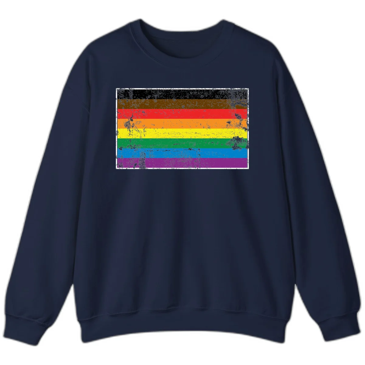 Distressed rainbow pride flag with eight horizontal stripes in black, brown, red, orange, yellow, green, blue, and purple in Navy