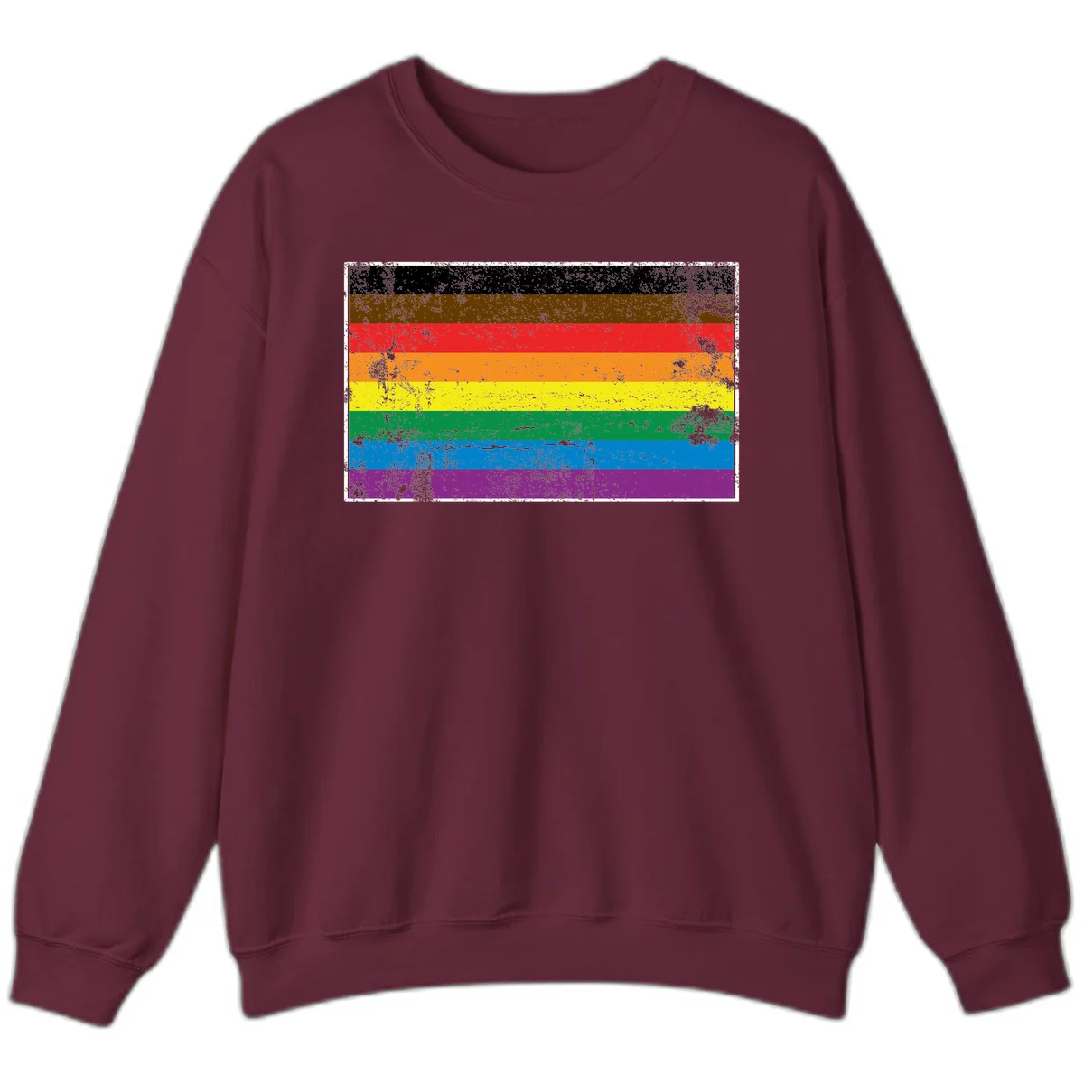 Distressed rainbow pride flag with eight horizontal stripes in black, brown, red, orange, yellow, green, blue, and purple in Maroon