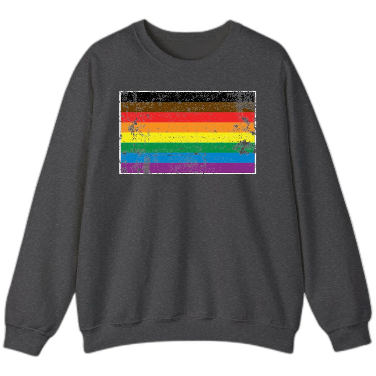 Distressed rainbow pride flag with eight horizontal stripes in black, brown, red, orange, yellow, green, blue, and purple in Dark Heather