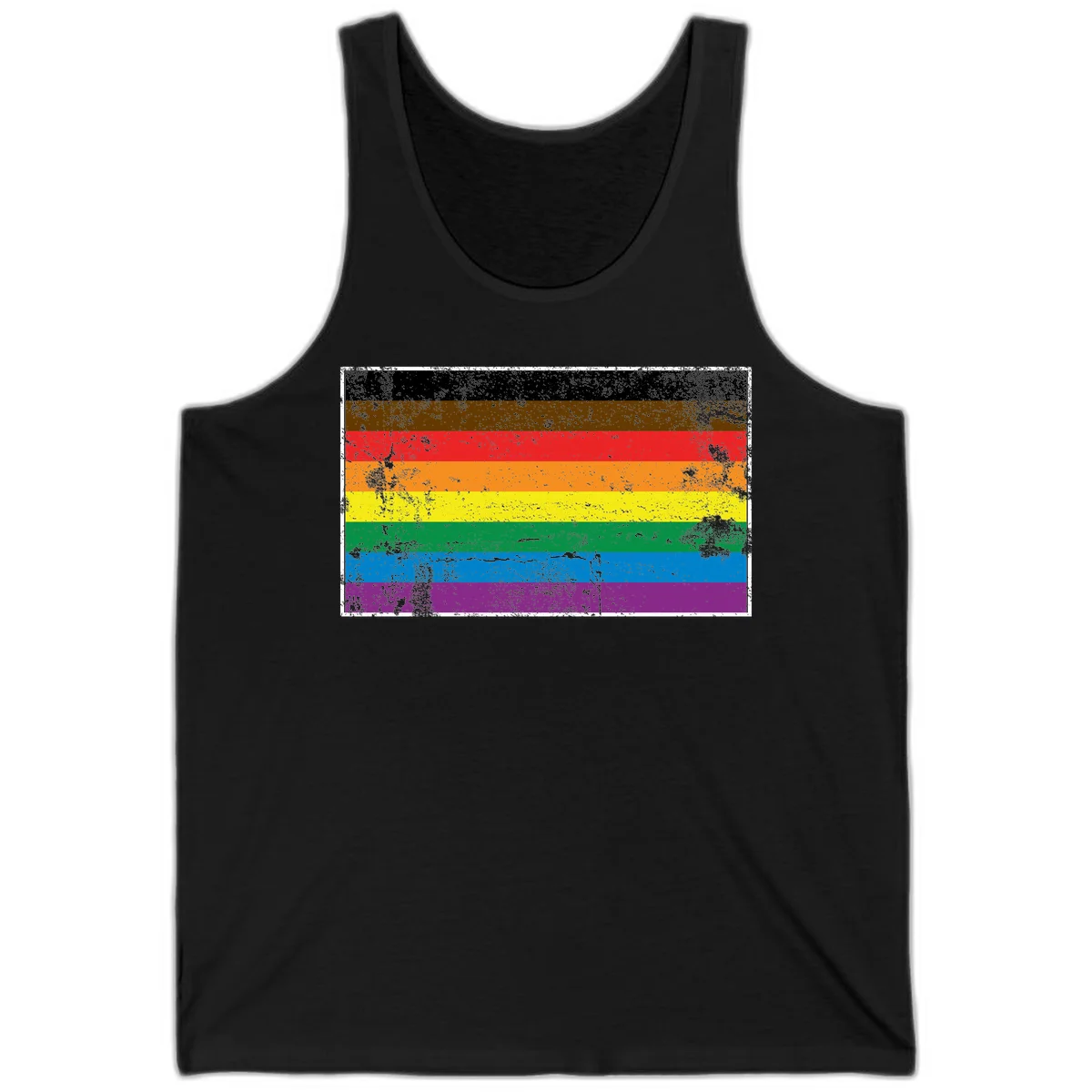 Distressed rainbow pride flag with eight horizontal stripes in black, brown, red, orange, yellow, green, blue, and purple in Black