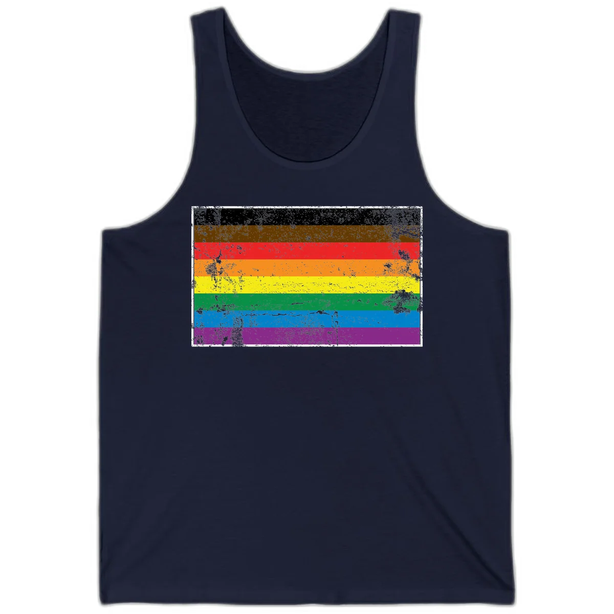 Distressed rainbow pride flag with eight horizontal stripes in black, brown, red, orange, yellow, green, blue, and purple in Navy