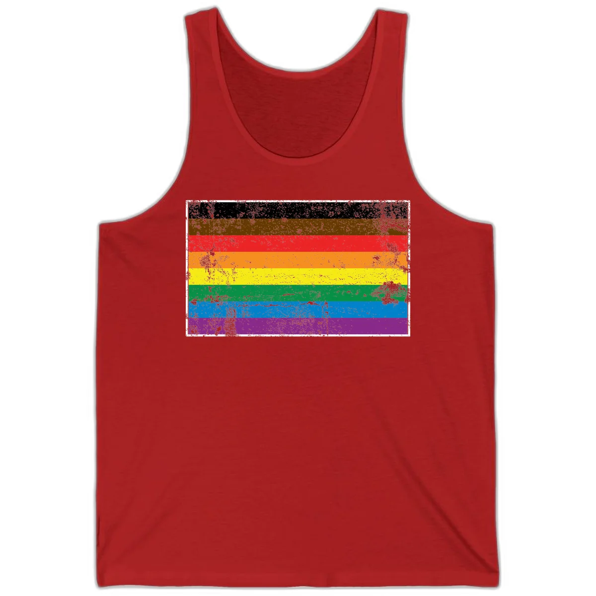 Distressed rainbow pride flag with eight horizontal stripes in black, brown, red, orange, yellow, green, blue, and purple in Red