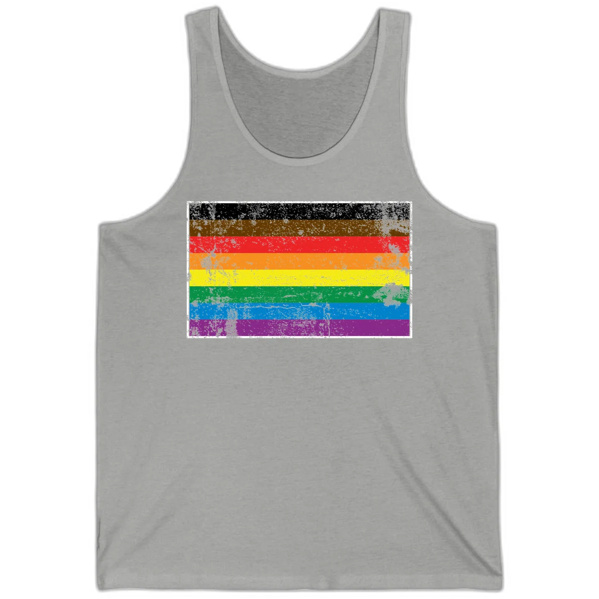 Distressed rainbow pride flag with eight horizontal stripes in black, brown, red, orange, yellow, green, blue, and purple in Athletic Heather