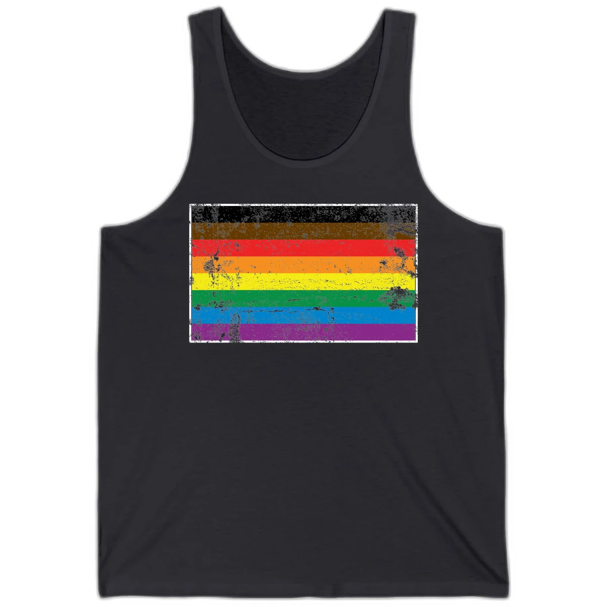 Distressed rainbow pride flag with eight horizontal stripes in black, brown, red, orange, yellow, green, blue, and purple in Dark Grey