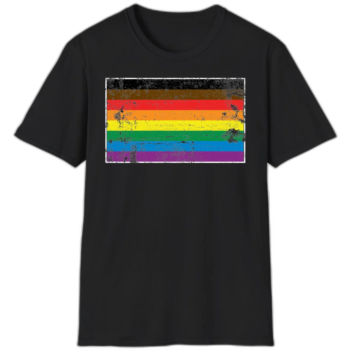 Distressed rainbow pride flag with eight horizontal stripes in black, brown, red, orange, yellow, green, blue, and purple in Black