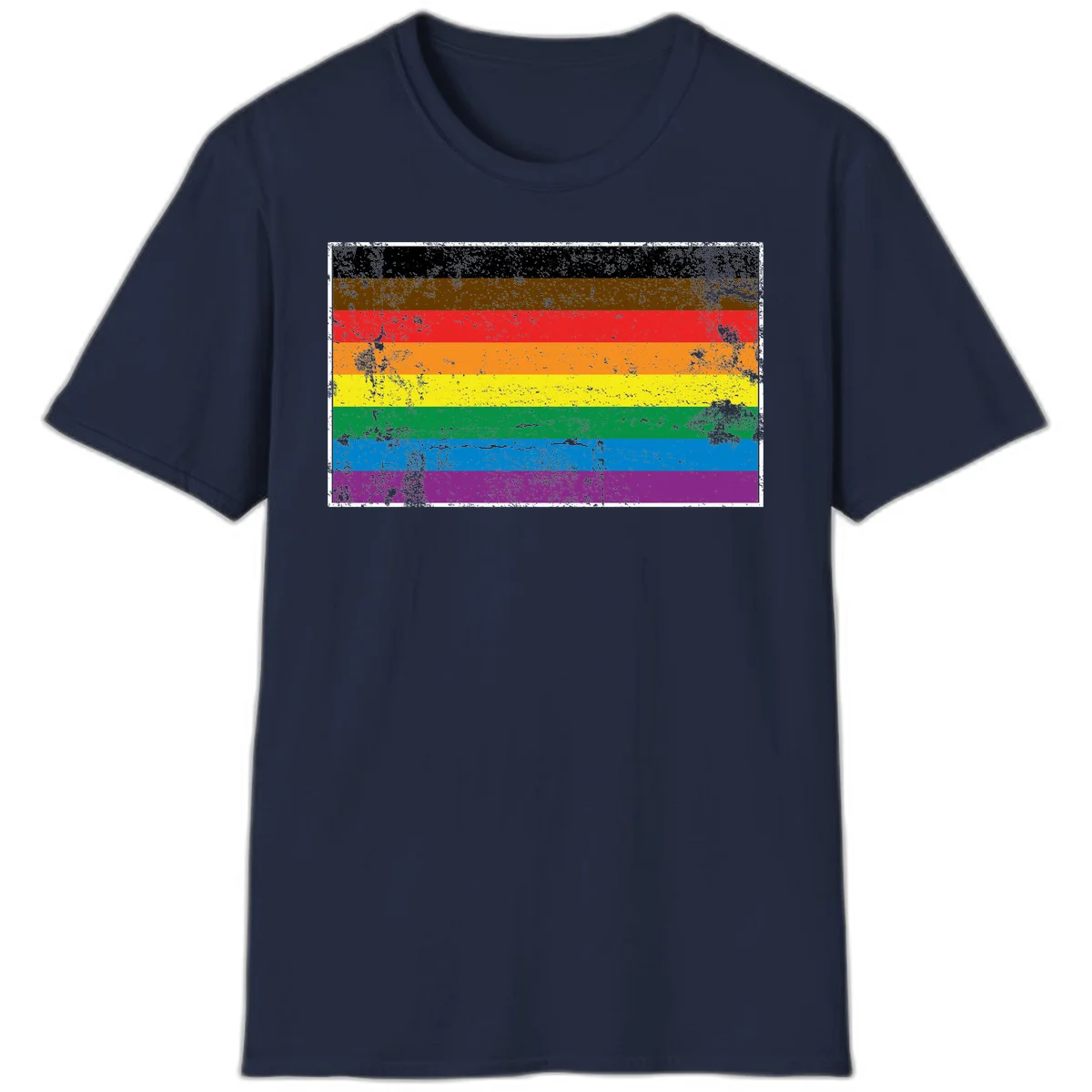 Distressed rainbow pride flag with eight horizontal stripes in black, brown, red, orange, yellow, green, blue, and purple in Navy