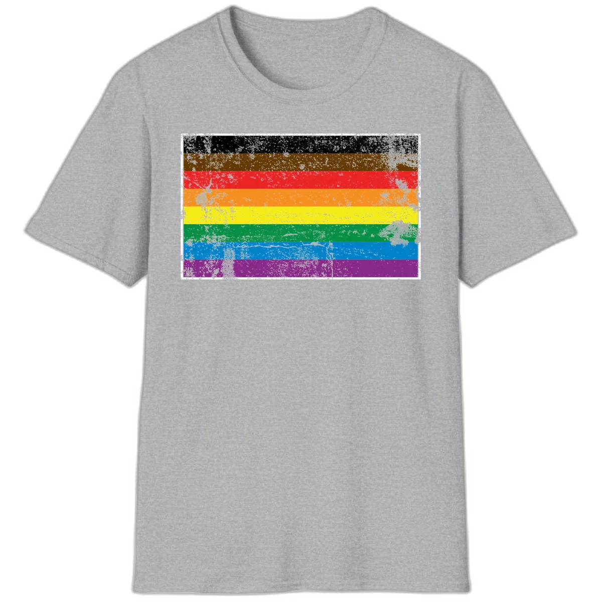 Distressed rainbow pride flag with eight horizontal stripes in black, brown, red, orange, yellow, green, blue, and purple in Sport Grey