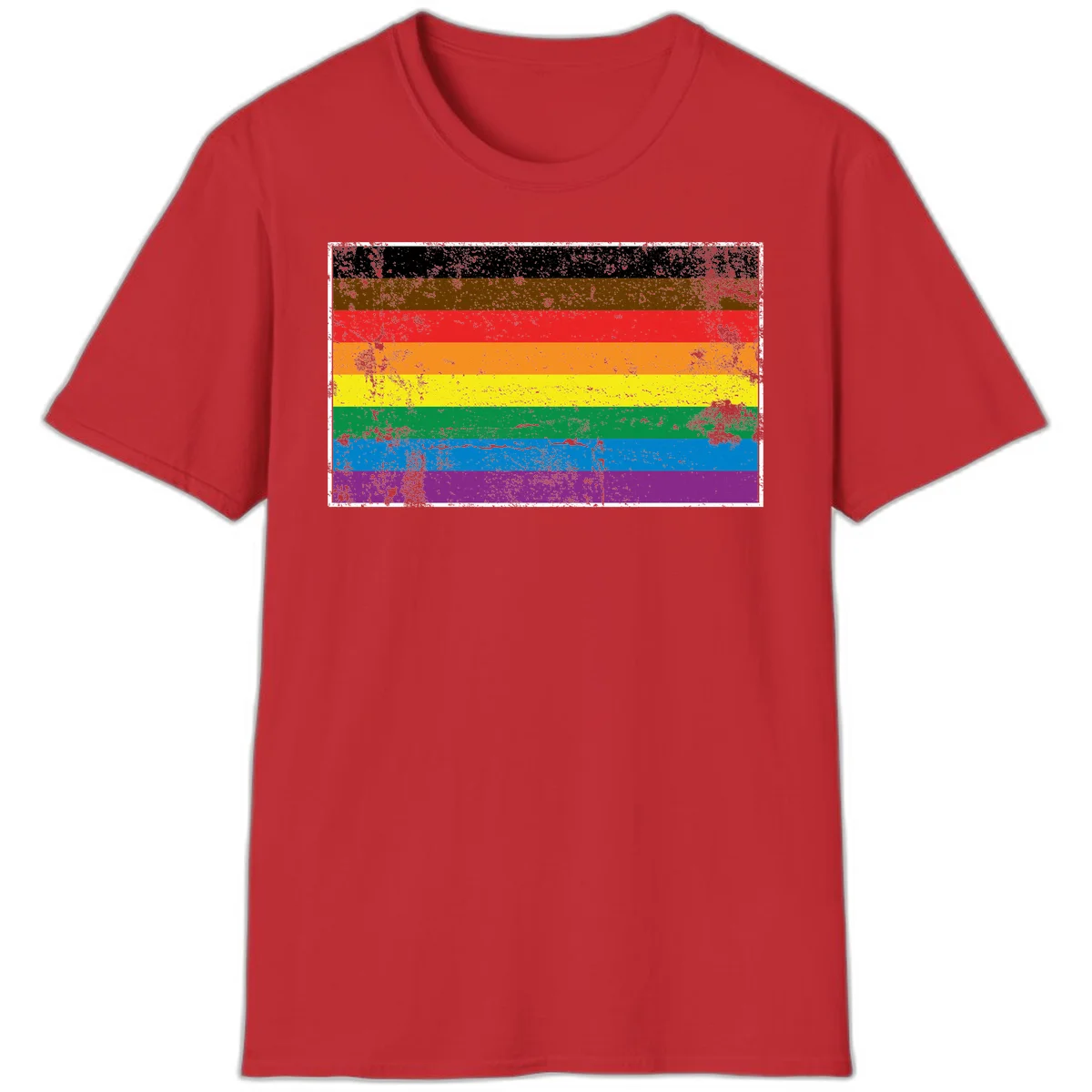 Distressed rainbow pride flag with eight horizontal stripes in black, brown, red, orange, yellow, green, blue, and purple in Red