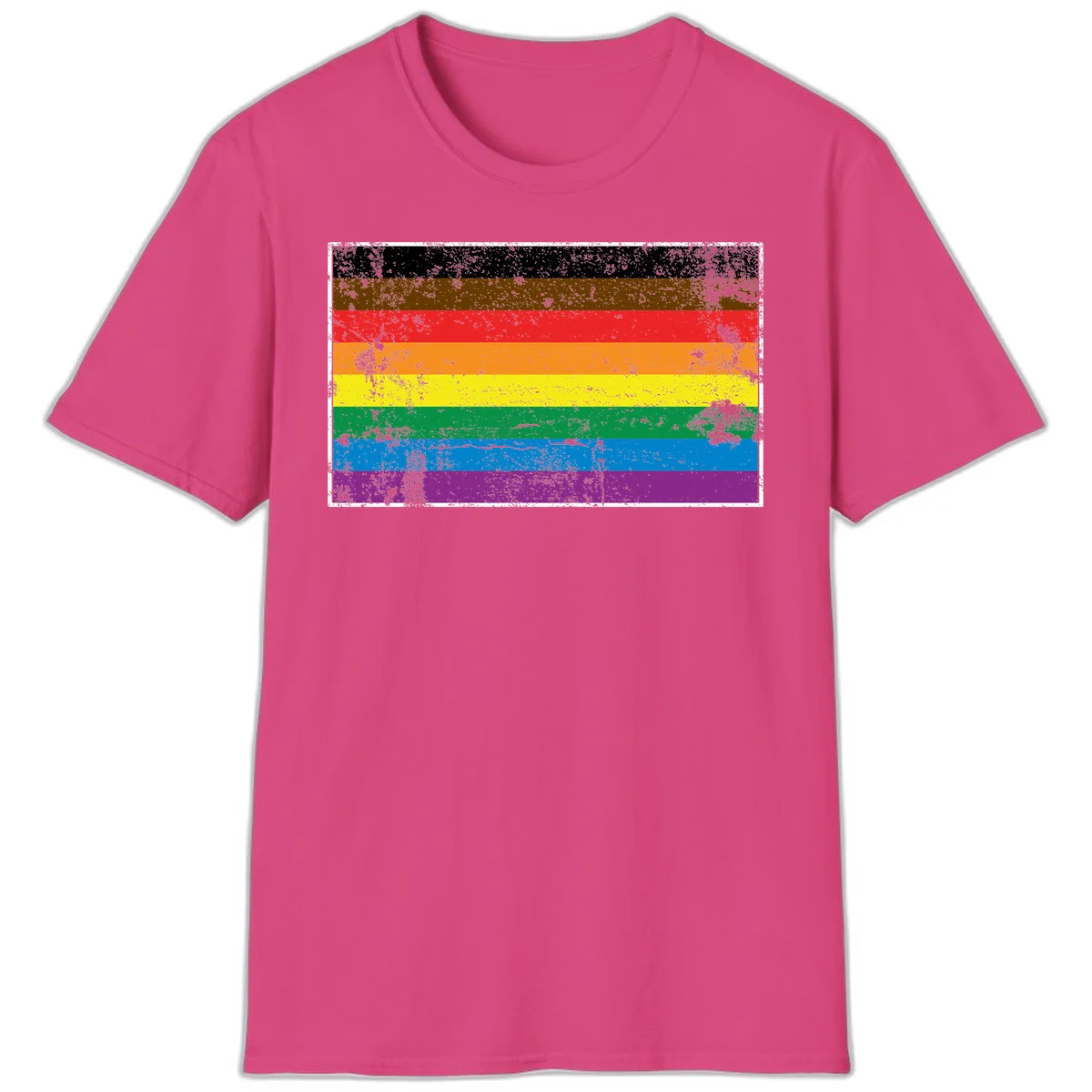 Distressed rainbow pride flag with eight horizontal stripes in black, brown, red, orange, yellow, green, blue, and purple in Heliconia