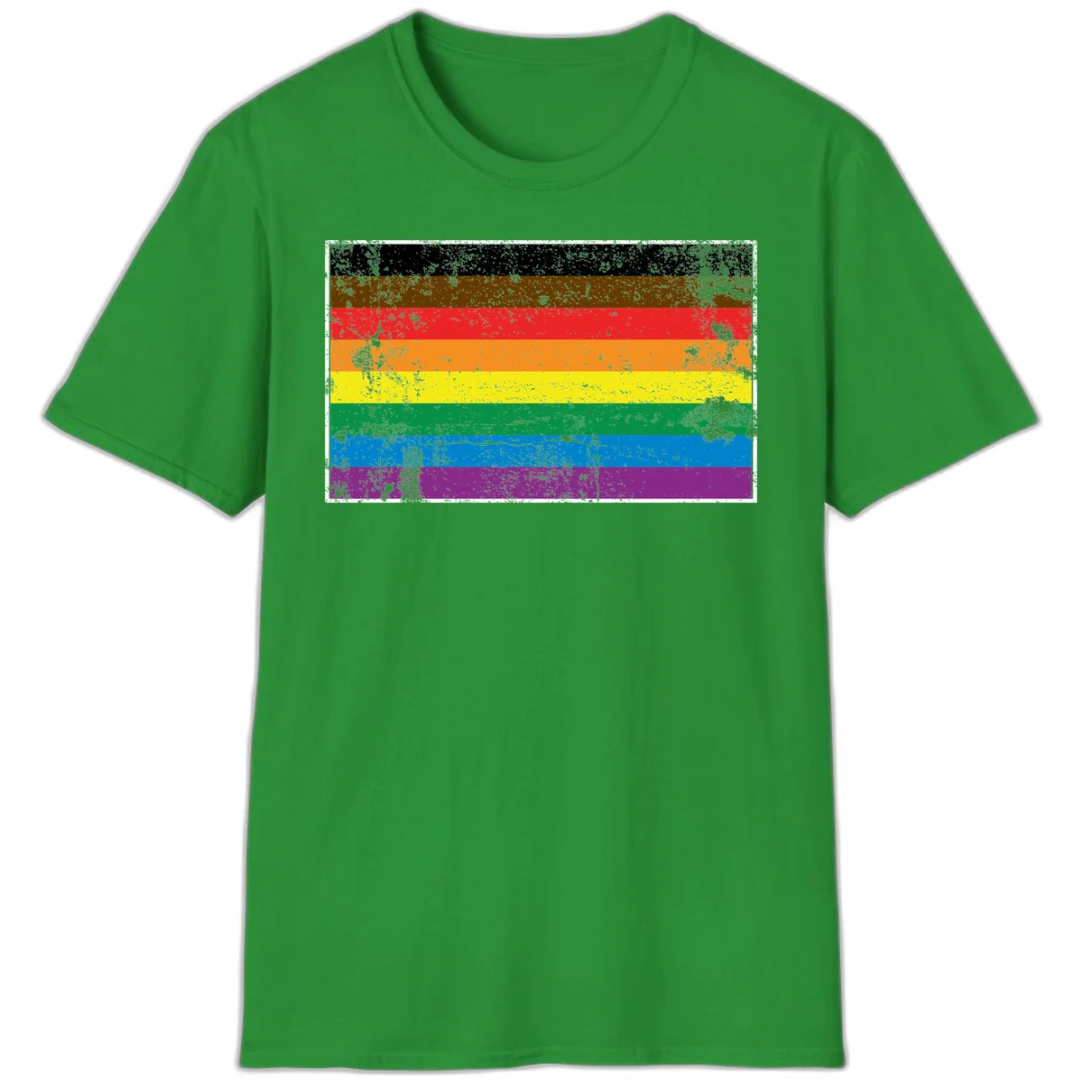 Distressed rainbow pride flag with eight horizontal stripes in black, brown, red, orange, yellow, green, blue, and purple in Irish Green