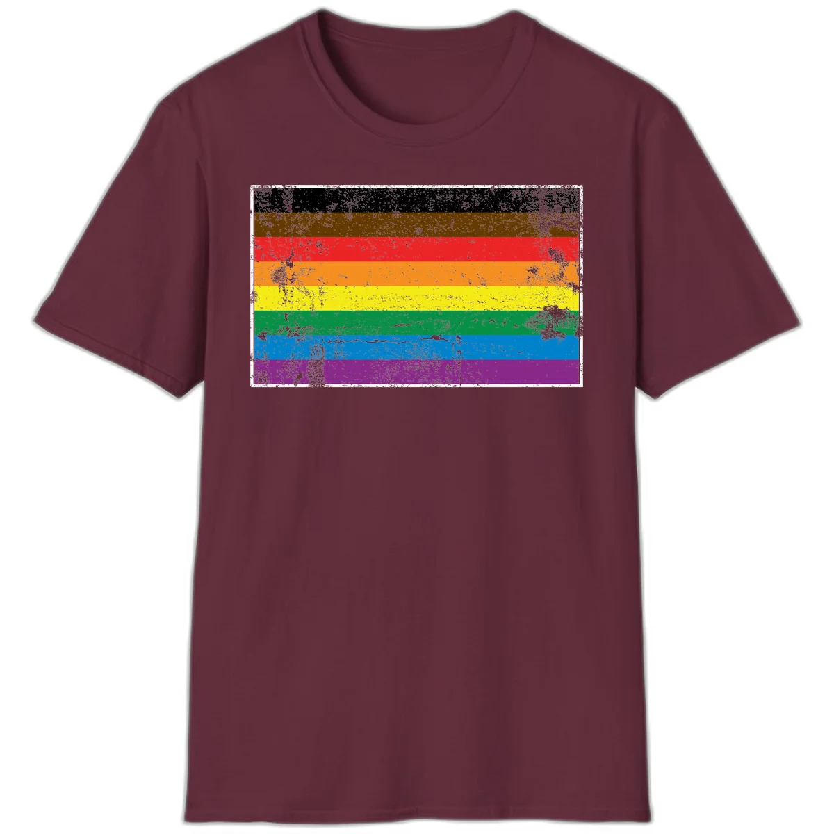Distressed rainbow pride flag with eight horizontal stripes in black, brown, red, orange, yellow, green, blue, and purple in Maroon