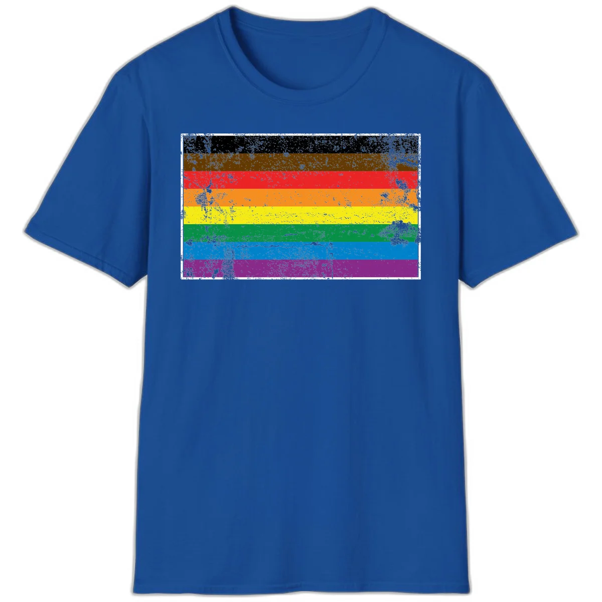 Distressed rainbow pride flag with eight horizontal stripes in black, brown, red, orange, yellow, green, blue, and purple in Royal