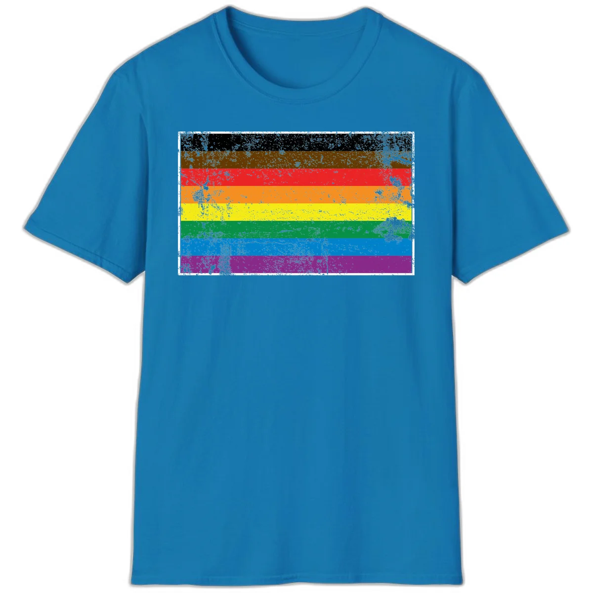 Distressed rainbow pride flag with eight horizontal stripes in black, brown, red, orange, yellow, green, blue, and purple in Sapphire