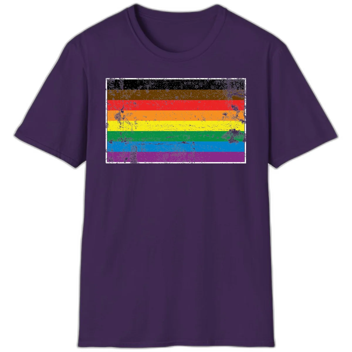 Distressed rainbow pride flag with eight horizontal stripes in black, brown, red, orange, yellow, green, blue, and purple in Purple