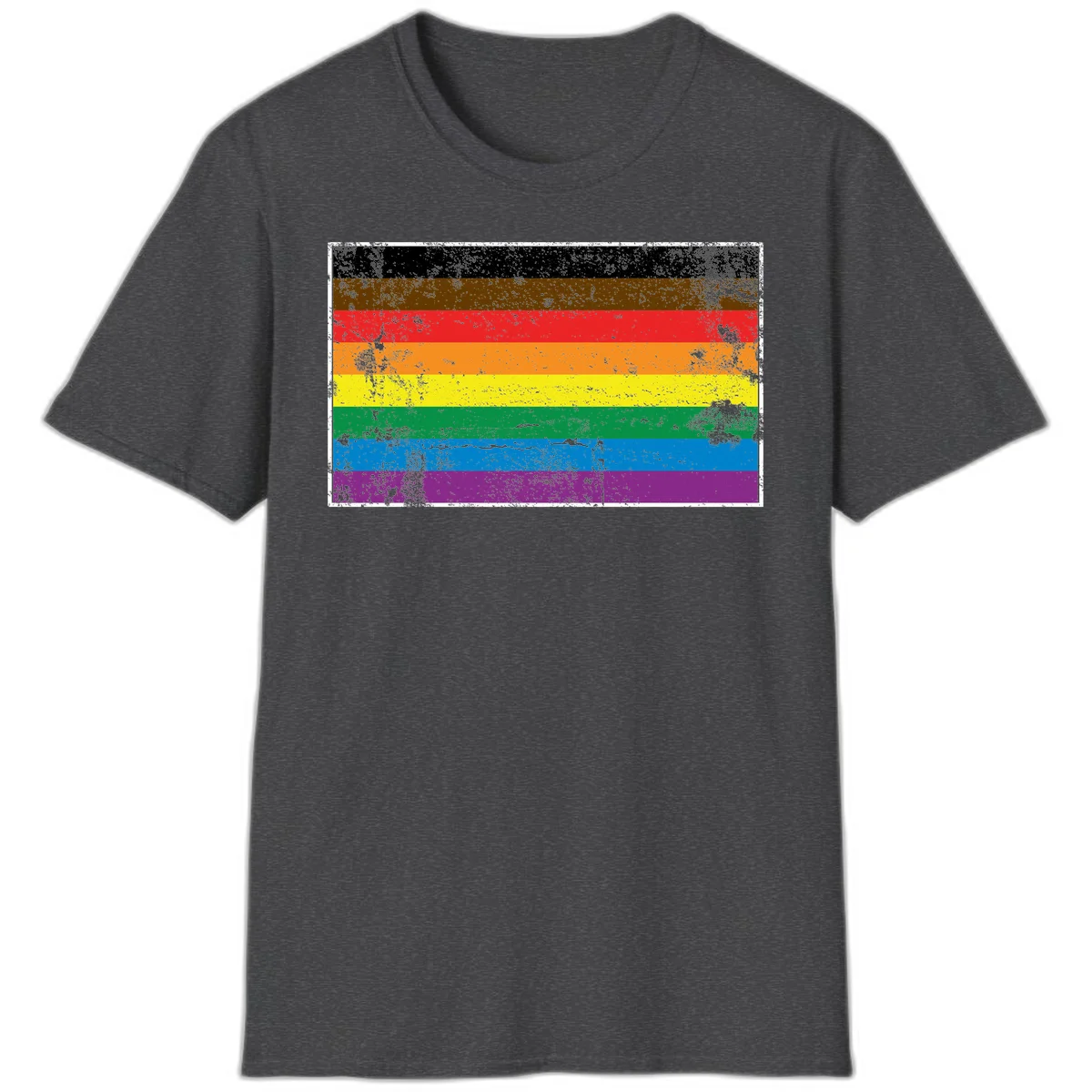 Distressed rainbow pride flag with eight horizontal stripes in black, brown, red, orange, yellow, green, blue, and purple in Dark Heather