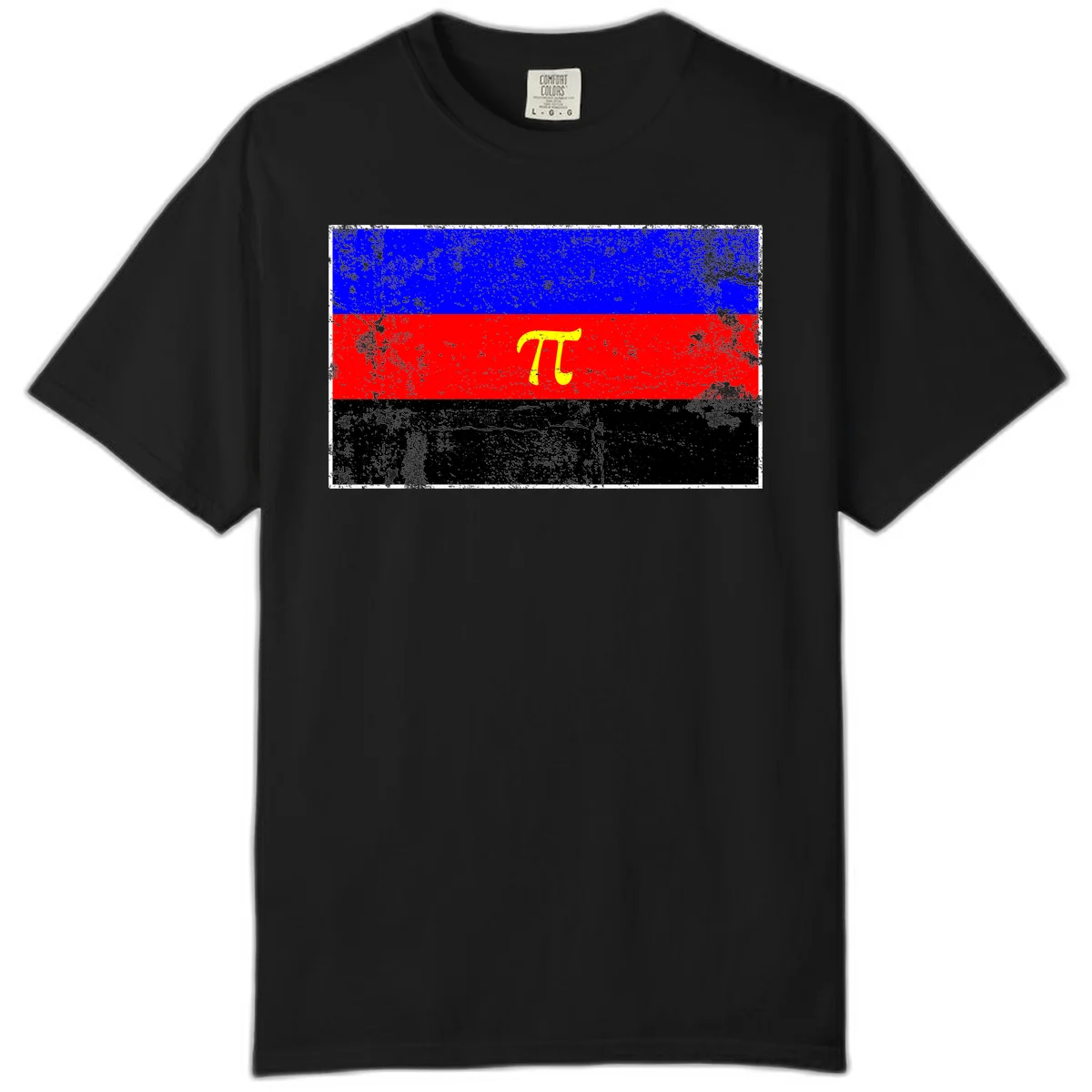 Pi mathematical symbol in yellow on distressed German flag with blue, red, and black horizontal stripes and grunge texture overlay in Black