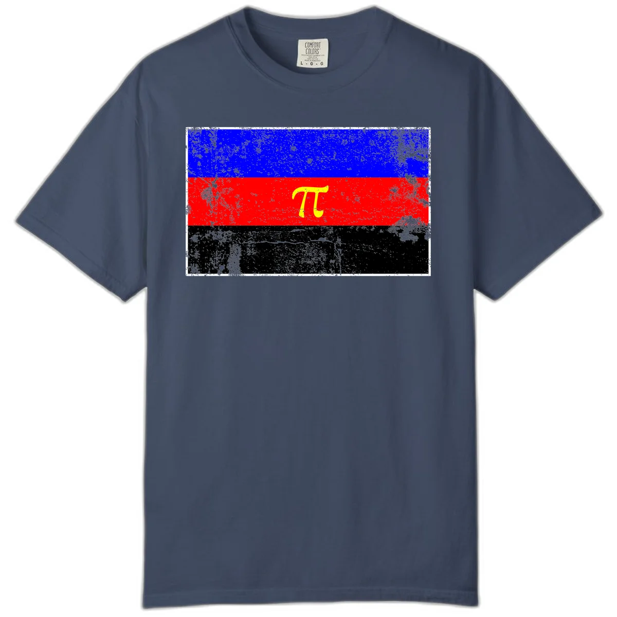 Pi mathematical symbol in yellow on distressed German flag with blue, red, and black horizontal stripes and grunge texture overlay in Midnight