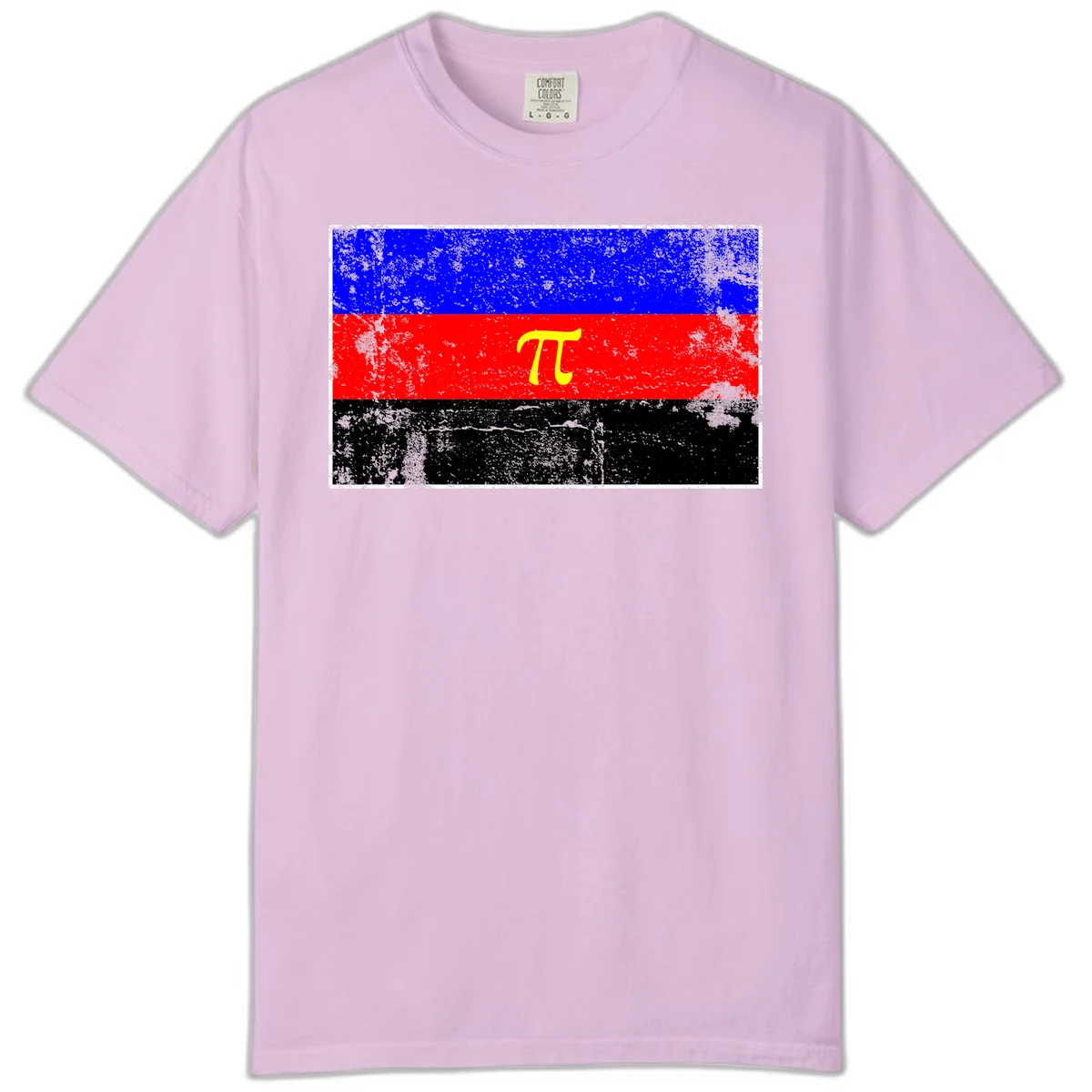 Pi mathematical symbol in yellow on distressed German flag with blue, red, and black horizontal stripes and grunge texture overlay in Orchid