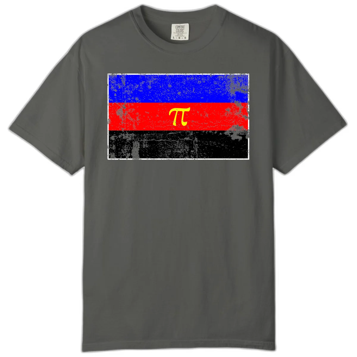 Pi mathematical symbol in yellow on distressed German flag with blue, red, and black horizontal stripes and grunge texture overlay in Pepper