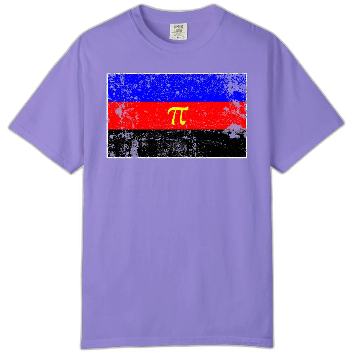 Pi mathematical symbol in yellow on distressed German flag with blue, red, and black horizontal stripes and grunge texture overlay in Violet