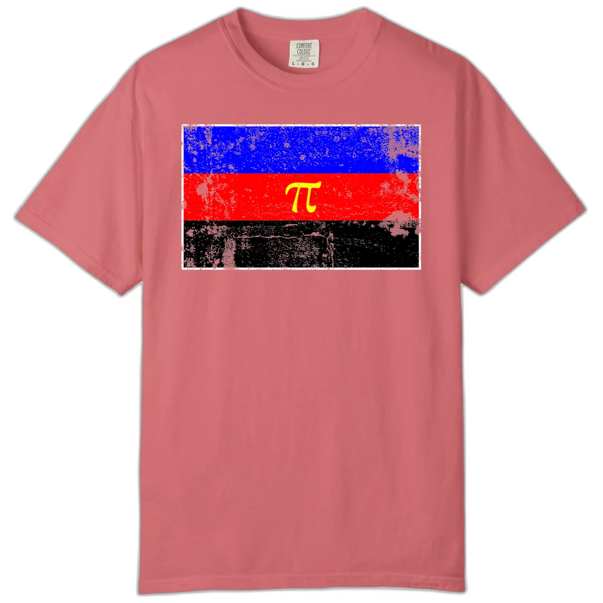 Pi mathematical symbol in yellow on distressed German flag with blue, red, and black horizontal stripes and grunge texture overlay in Watermelon