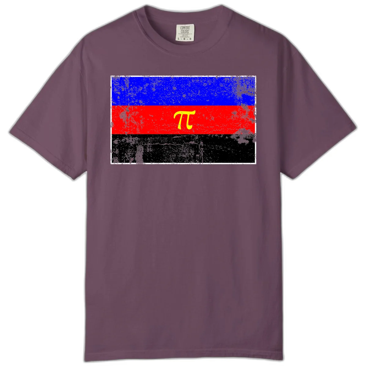 Pi mathematical symbol in yellow on distressed German flag with blue, red, and black horizontal stripes and grunge texture overlay in Berry