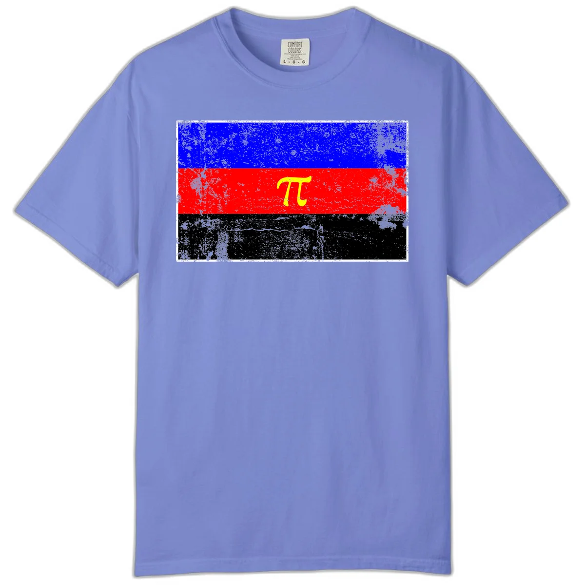 Pi mathematical symbol in yellow on distressed German flag with blue, red, and black horizontal stripes and grunge texture overlay in Flo Blue
