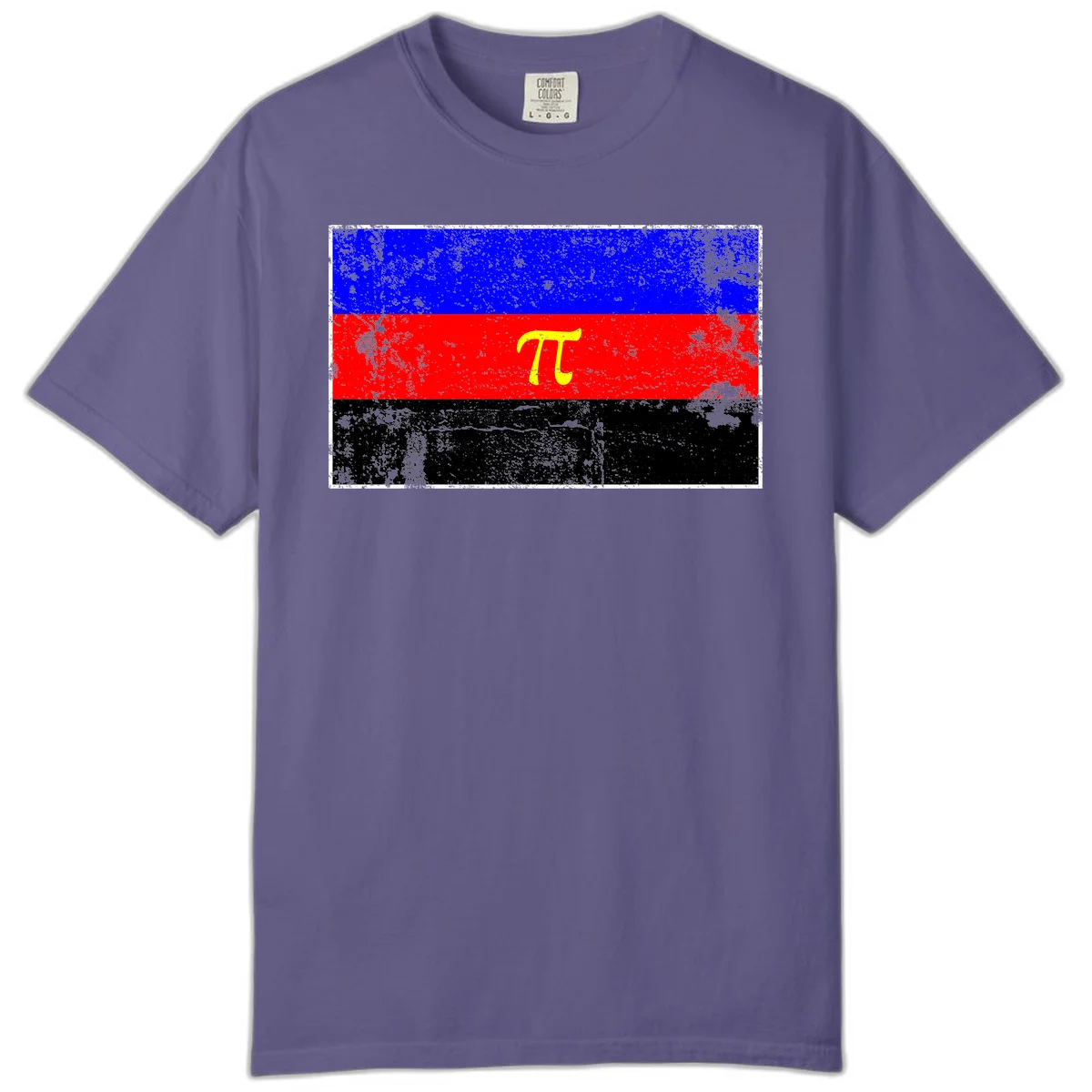 Pi mathematical symbol in yellow on distressed German flag with blue, red, and black horizontal stripes and grunge texture overlay in Grape