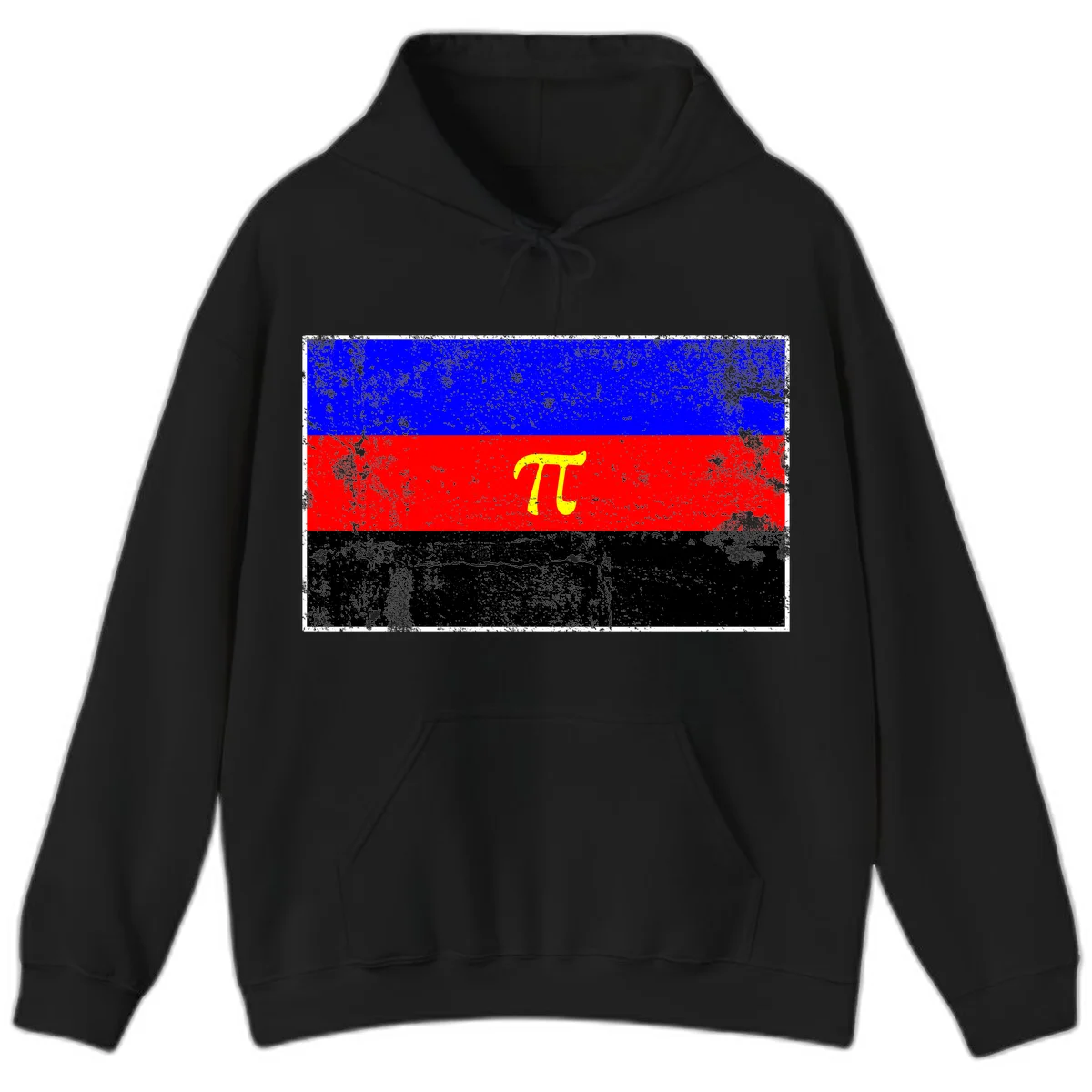 Pi mathematical symbol in yellow on distressed German flag with blue, red, and black horizontal stripes and grunge texture overlay in Black