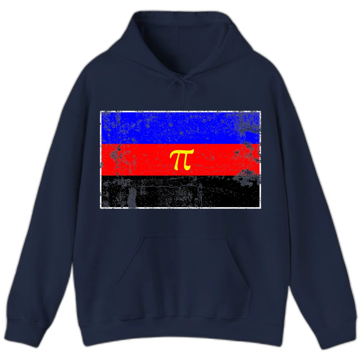 Pi mathematical symbol in yellow on distressed German flag with blue, red, and black horizontal stripes and grunge texture overlay in Navy