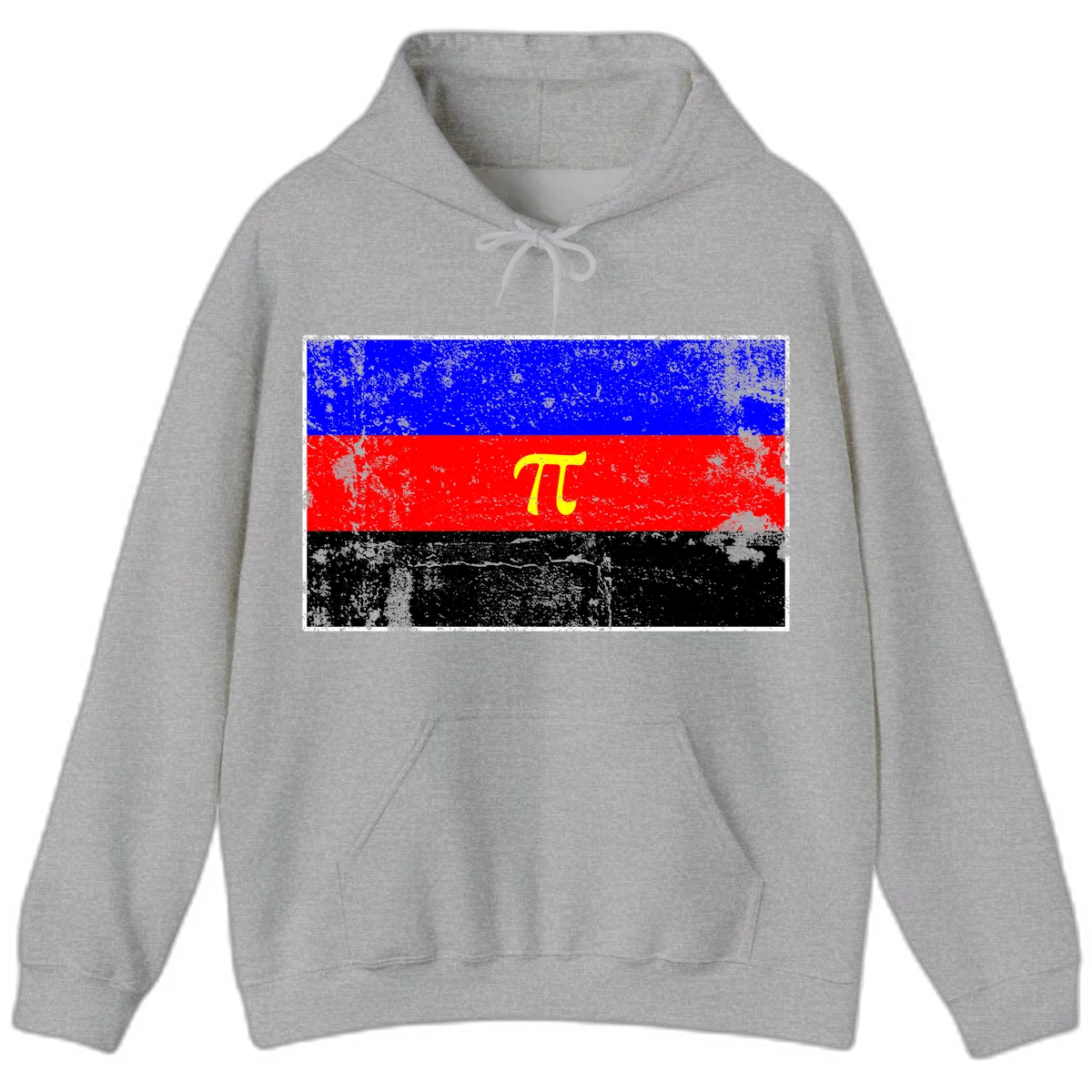 Pi mathematical symbol in yellow on distressed German flag with blue, red, and black horizontal stripes and grunge texture overlay in Sport Grey