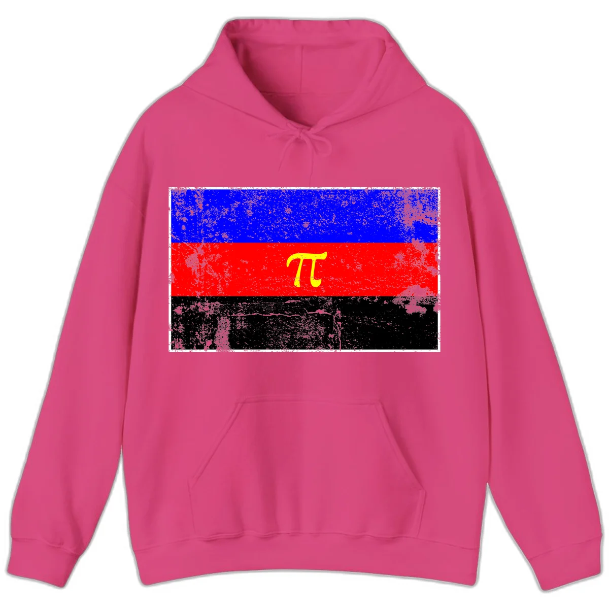 Pi mathematical symbol in yellow on distressed German flag with blue, red, and black horizontal stripes and grunge texture overlay in Heliconia
