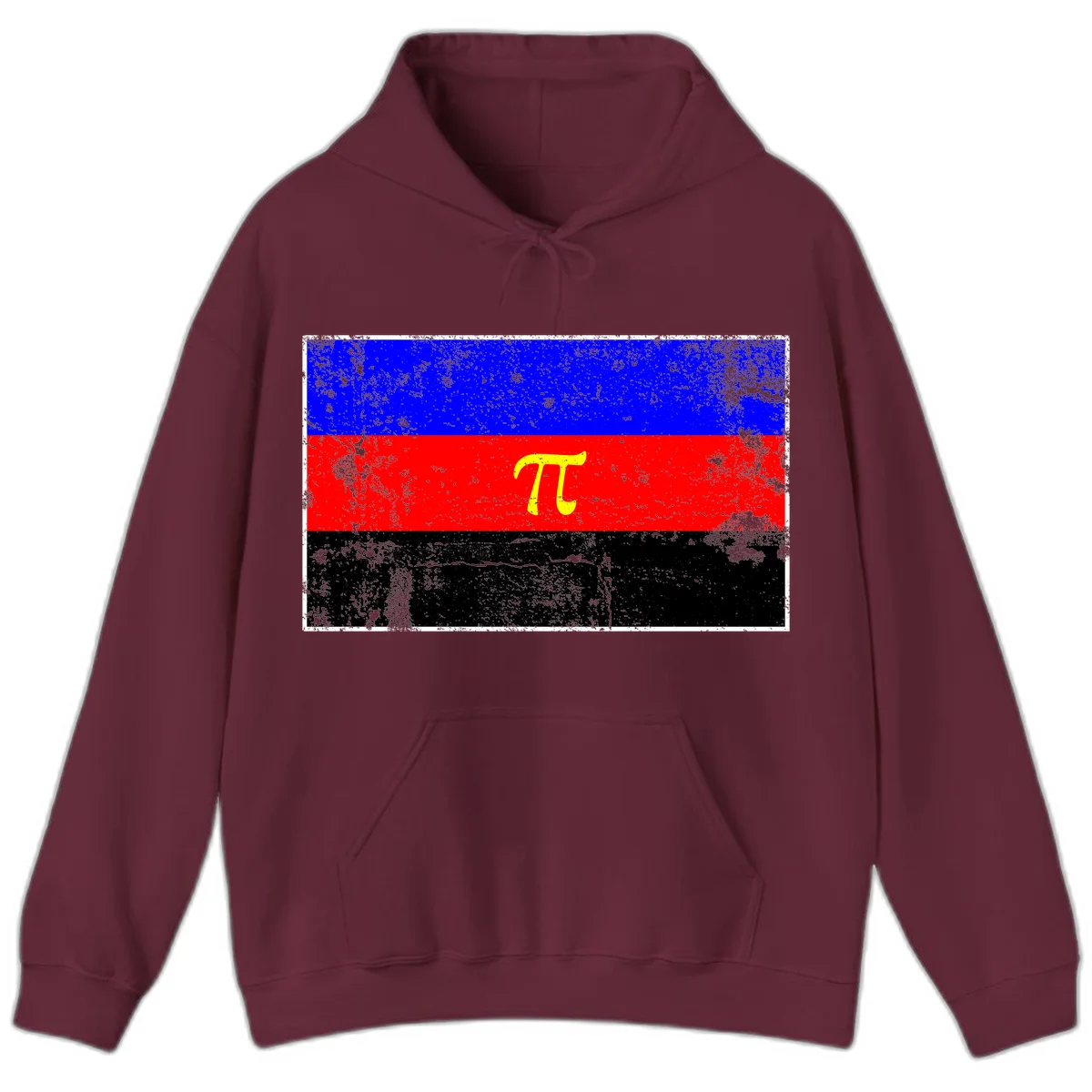 Pi mathematical symbol in yellow on distressed German flag with blue, red, and black horizontal stripes and grunge texture overlay in Maroon