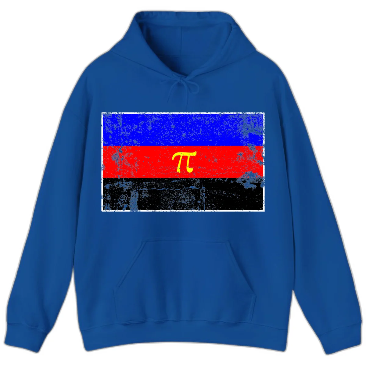 Pi mathematical symbol in yellow on distressed German flag with blue, red, and black horizontal stripes and grunge texture overlay in Royal