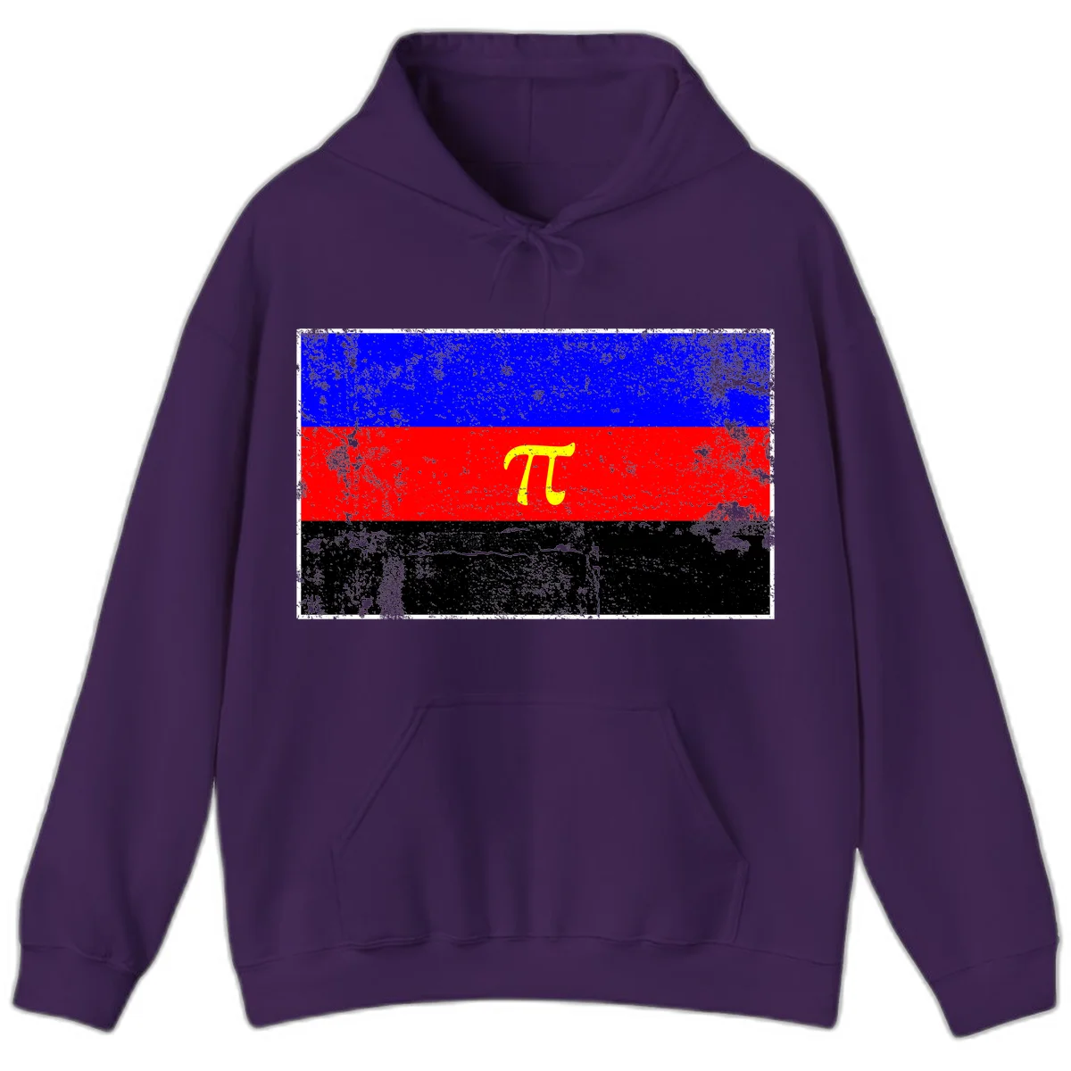 Pi mathematical symbol in yellow on distressed German flag with blue, red, and black horizontal stripes and grunge texture overlay in Purple