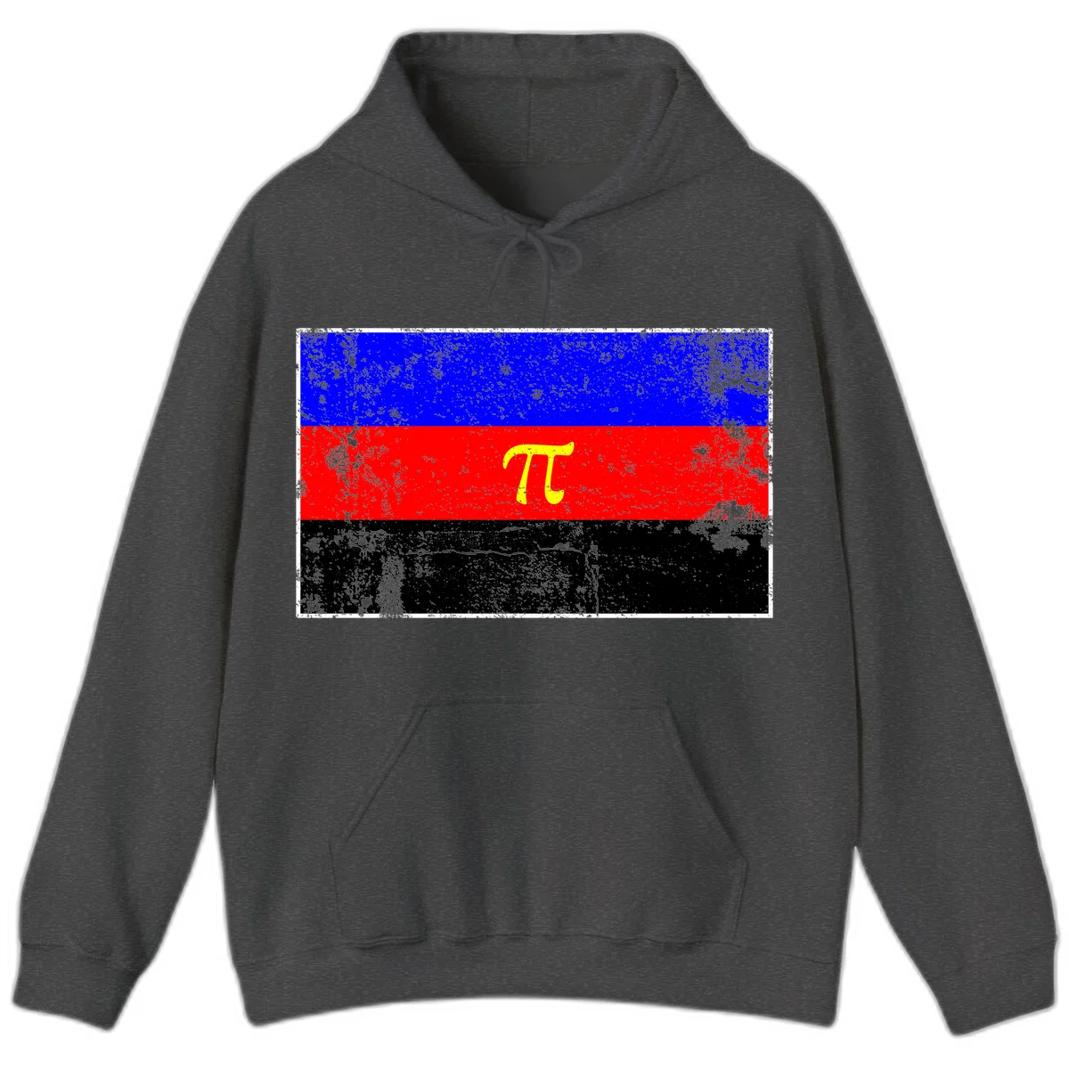 Pi mathematical symbol in yellow on distressed German flag with blue, red, and black horizontal stripes and grunge texture overlay in Dark Heather