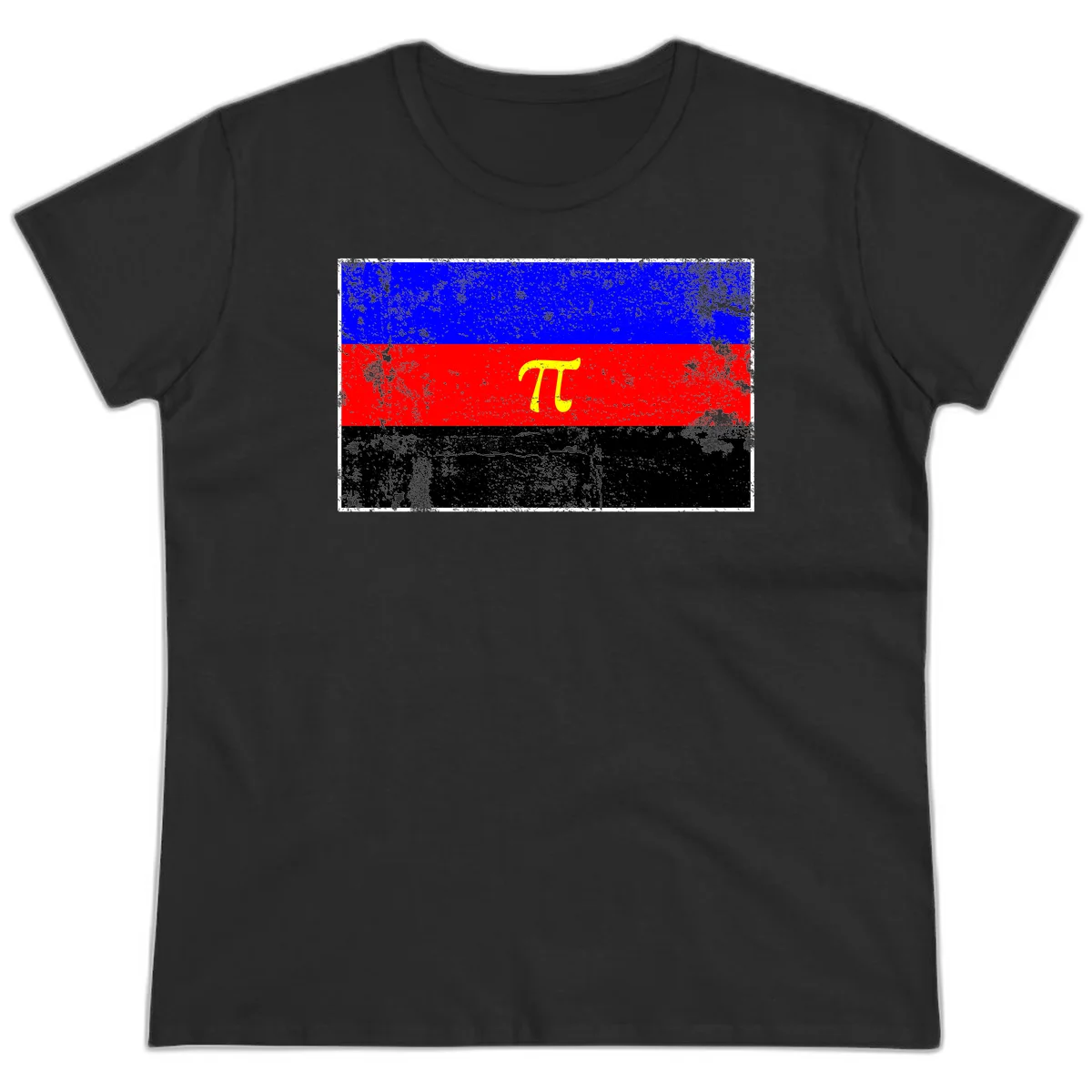 Pi mathematical symbol in yellow on distressed German flag with blue, red, and black horizontal stripes and grunge texture overlay in Black