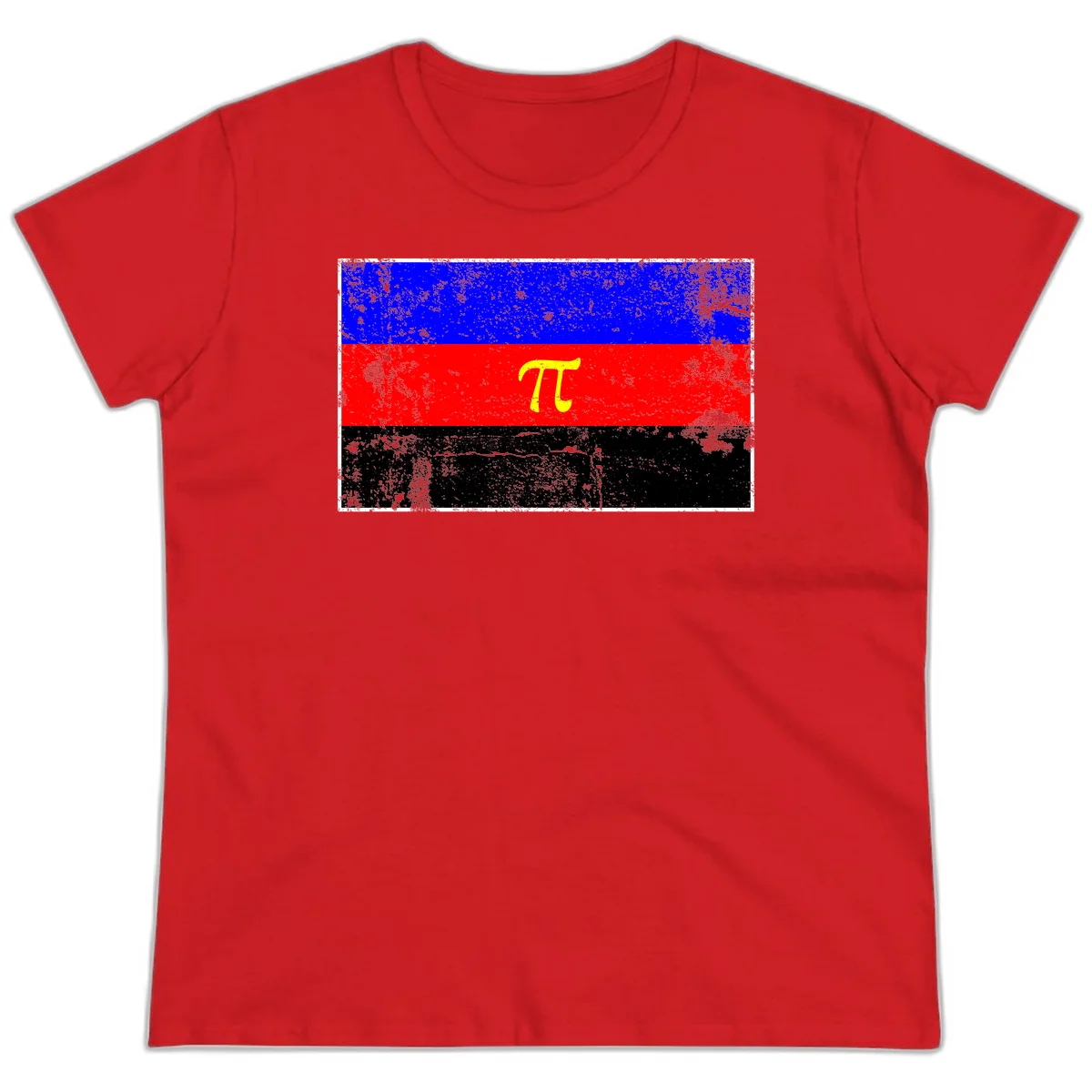 Pi mathematical symbol in yellow on distressed German flag with blue, red, and black horizontal stripes and grunge texture overlay in Red