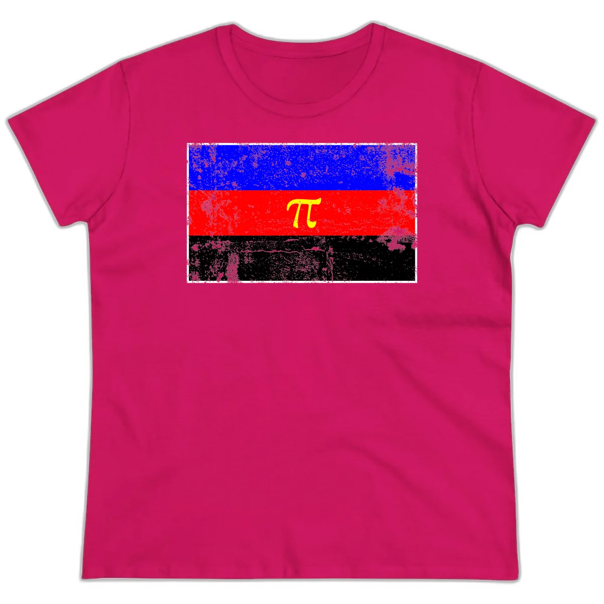 Pi mathematical symbol in yellow on distressed German flag with blue, red, and black horizontal stripes and grunge texture overlay in Heliconia