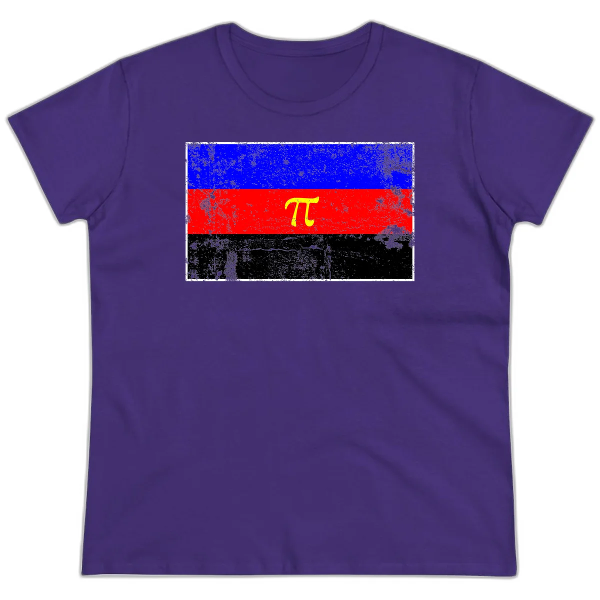Pi mathematical symbol in yellow on distressed German flag with blue, red, and black horizontal stripes and grunge texture overlay in Purple
